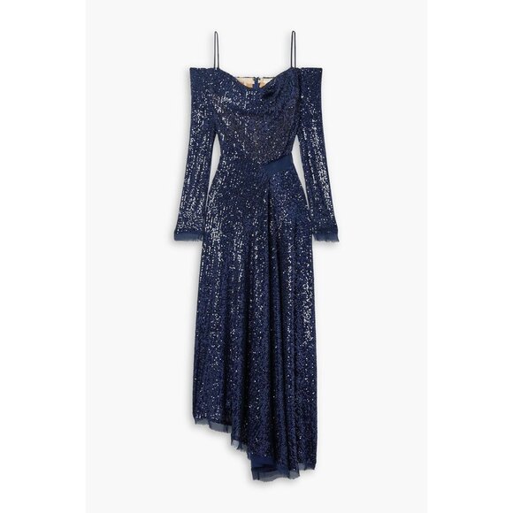 JASON WU COLLECTION Asymmetric navy cold-shoulder sequined chiffon maxi dress Si - Picture 12 of 12